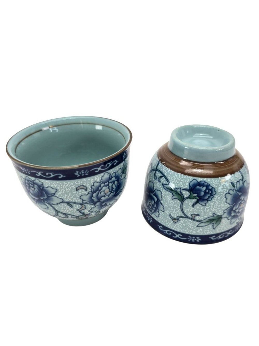 Vintage Asian Tea Cups Blue Floral Porcelain Set of 2 Brown Accent je192
